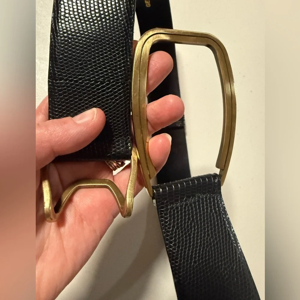 VTG Carlisle Black Leather Reptile Print Brass Accent Belt Size Medium